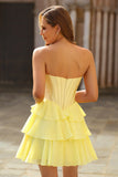 Strapless Yellow Corset A Line Tiered Short Prom Dress