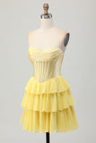 Blue Tiered Corset A Line Strapless Short Prom Dress