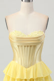 Blue Tiered Corset A Line Strapless Short Prom Dress