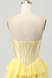 Blue Tiered Corset A Line Strapless Short Prom Dress
