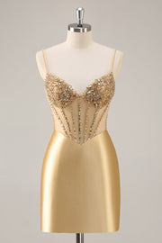 Golden Corset Bodycon Tight Beaded Short Prom Dress