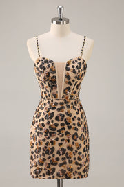 Kahki Leopard Corset Bodycon Short Prom Dress with Sequins