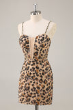 Kahki Leopard Corset Bodycon Short Prom Dress with Sequins