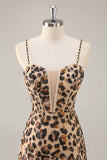 Kahki Leopard Corset Bodycon Short Prom Dress with Sequins
