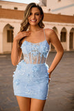 Blue Corset Sequins Floral Bodycon Cocktail Dress
