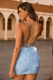 Blue Corset Sequins Floral Bodycon Cocktail Dress