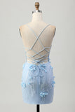 Blue Bodycon Corset Sequins Short Prom Dress with 3D Flowers