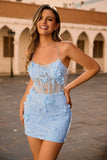 Blue Corset Sequins Floral Bodycon Cocktail Dress