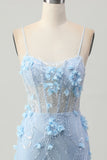 Blue Bodycon Corset Sequins Short Prom Dress with 3D Flowers