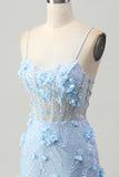 Blue Bodycon Corset Sequins Short Prom Dress with 3D Flowers