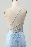 Blue Bodycon Corset Sequins Short Prom Dress with 3D Flowers