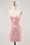 Blue Bodycon Corset Sequins Short Prom Dress with 3D Flowers