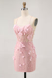 Blue Bodycon Corset Sequins Short Prom Dress with 3D Flowers