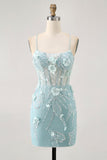 Blue Corset Sequins Floral Bodycon Cocktail Dress
