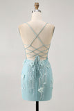 Blue Bodycon Corset Sequins Short Prom Dress with 3D Flowers