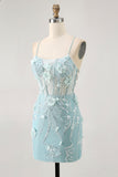 Blue Bodycon Corset Sequins Short Prom Dress with 3D Flowers