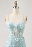 Blue Bodycon Corset Sequins Short Prom Dress with 3D Flowers