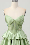 Dark Green Beaded A-line Strapless Corset Cocktail Dress