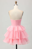 Cute A-line Strapless Cut Out Tiered Green Short Prom Dress