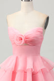 Cute Blush A-Line Strapless Cut Out Tiered Short Prom Dress
