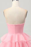 Cute Blush A-Line Strapless Cut Out Tiered Short Prom Dress