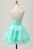 Cute A-line Strapless Cut Out Tiered Green Short Prom Dress