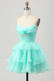 Cute Blush A-Line Strapless Cut Out Tiered Short Prom Dress