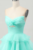 Cute A-line Strapless Cut Out Tiered Green Short Prom Dress