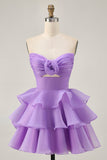 Blush A-Line Strapless Tiered Cocktail Dress with 3D Flowers