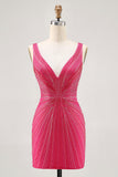 Fuchsia V Neck Bodycon Beaded Cocktail Dress