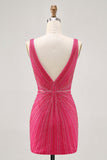 Fuchsia V Neck Bodycon Beaded Cocktail Dress