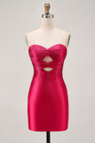 Fuchsia Strapless Cut Out Beaded Bodycon Short Prom Dress