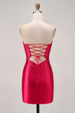Fuchsia Strapless Cut Out Beaded Bodycon Short Prom Dress