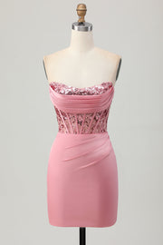 Strapless Blush Corset Sequins Bodycon Short Prom Dress