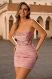 Blush Strapless Corset Short Bodycon Cocktail Dress with Sequins