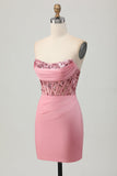 Strapless Blush Corset Sequins Bodycon Short Prom Dress