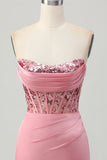 Strapless Blush Corset Sequins Bodycon Short Prom Dress