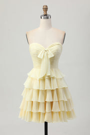 Yellow Strapless A Line Tiered Short Prom Dress with Bow