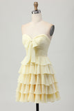 Sky Blue Strapless A Line Tiered Short Prom Dress with Bow