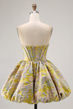 Yellow Strapless Fit and Flare Brocade A-Line Short Prom Dress