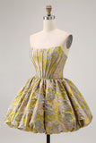 Yellow Strapless Fit and Flare Brocade A-Line Short Prom Dress