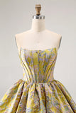 Yellow Strapless Fit and Flare Brocade A-Line Short Prom Dress