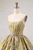 Yellow Strapless Fit and Flare Brocade A-Line Short Prom Dress