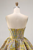 Yellow Strapless Fit and Flare Brocade A-Line Short Prom Dress
