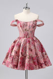 Off The Shoulder Dark Green Brocade Floral A Line Printed Cocktail Dress