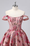 Off The Shoulder Dark Green Brocade Floral A Line Printed Cocktail Dress