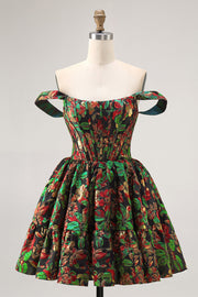 Off The Shoulder Dark Green Brocade Floral A Line Printed Cocktail Dress