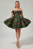 Off The Shoulder Dark Green Brocade Floral A Line Printed Cocktail Dress