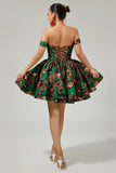 Off The Shoulder Dark Green Brocade Floral A Line Printed Cocktail Dress