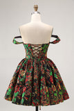 Off The Shoulder Dark Green Brocade Floral A Line Printed Cocktail Dress